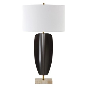 Lampe de table Art déco moderne en marbre et laiton avec abat-jour blanc |   Éclairage d'ambiance original pour hôtels de villégiature et maisons - Product Image 4