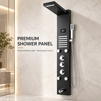 Colonne de douche thermostatique moderne en acier inoxydable brossé noir de luxe avec LED, mitigeur de baignoire, douchette à main et jet pluie