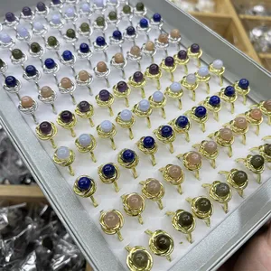 Fashion Jewelry Multi Gemstone Round Bead Adjustable High Quality Blue Lace Agate Sunstone Lapis Lazuli Amethyst Rings For Women