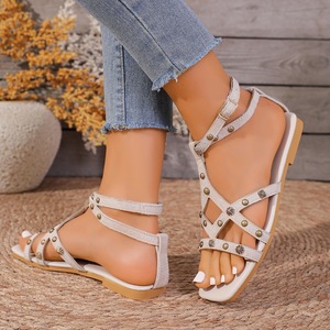 Sandalias Gladiador Retro con Remaches para Mujer, Punta Cuadrada Abierta, Correa al Tobillo, Planas, para Verano, Uso Diario, Playa - Product Image 5