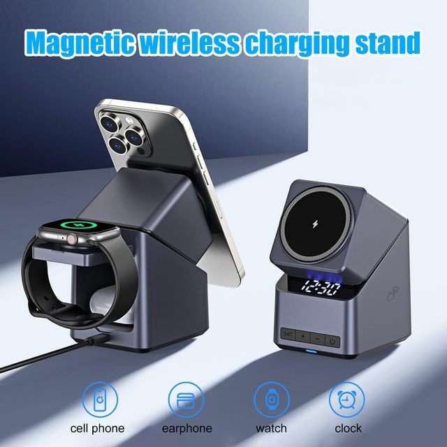 4-in-1 Magnetic Wireless Charging Stand Charger for iPhone Apple Watch, AirPods with Digital Clock