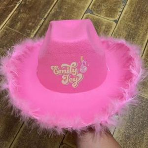 Sombrero de Vaquera con Logotipo Personalizado, Diseño Popular con Borde de Plumas, Sombrero de Vaquera Rosa para Mujer, para Fiestas y Festivales - Product Image 2