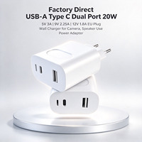 Pengiriman Cepat USB-A Tipe C Dual Port 20W 5V 3A 9V 2.25A 12V 1.8A Charger Dinding Colokan EU untuk Penggunaan Kamera dan Speaker Charger Ponsel