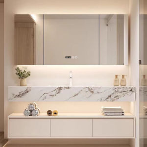 Cream Colored Solid Wood Bathroom Vanity With Corian Integrated Basin And Mirror Cabinet Modern Design - Product Image 2