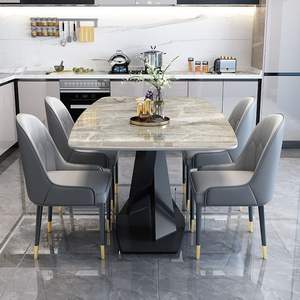 Juego de Comedor Moderno Rectangular con <span class=keywords><strong>Mesa</strong></span> de Piedra Sinterizada <span class=keywords><strong>y</strong></span> Metal <span class=keywords><strong>y</strong></span> 6 <span class=keywords><strong>Sillas</strong></span> de Cuero, Muebles de Lujo para Comedor - Product Image 4