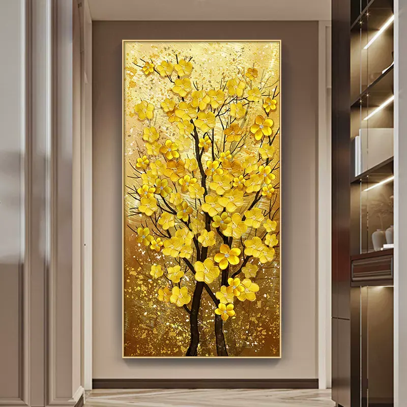 POLA Custom Crystal Porcelain Painting Golden Fortune Tree & Gold Avenue Decor Vertical Rectangle Wall Frame Picture Print