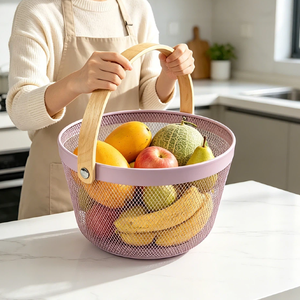 <span class=keywords><strong>Panier</strong></span> à fruits en métal, <span class=keywords><strong>panier</strong></span> rond en maille métallique avec poignée en bambou - Product Image 2