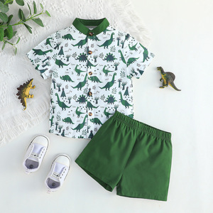 2024 mùa hè 2pcs trẻ mới biết đi cậu bé trang phục ngắn tay áo khủng long Nút xuống áo sơ mi + eo đàn hồi Quần áo bộ - Product Image 1