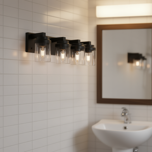 Applique murale de salle de bain 4 lumières en fer noir mat, abat-jour en verre transparent, style industriel, lampe de miroir, lumière blanc chaud - Product Image 2