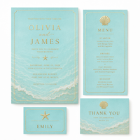 Suite de papeterie personnalisée pour mariage à la plage : Invitation, Menu, Carte de remerciement turquoise avec dorure à chaud pour papeterie de destination côtière