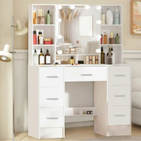 Ensemble de chambre à coucher vintage avec coiffeuse moderne de luxe, éclairage LED réglable, miroir de maquillage, rangement, usage spécifique, commode