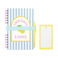 Ensemble cadeau de carnet à spirales rayé bleu-blanc avec stylo, élastique, carte de notes, pochette zippée, kit de papeterie avec journal imprimé citron
