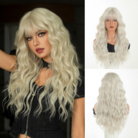Peluca de Cabello Sintético Rubio Platino de 26 Pulgadas, Largo y Ondulado con Flequillo, Resistente al Calor, Fibra Natural Mate