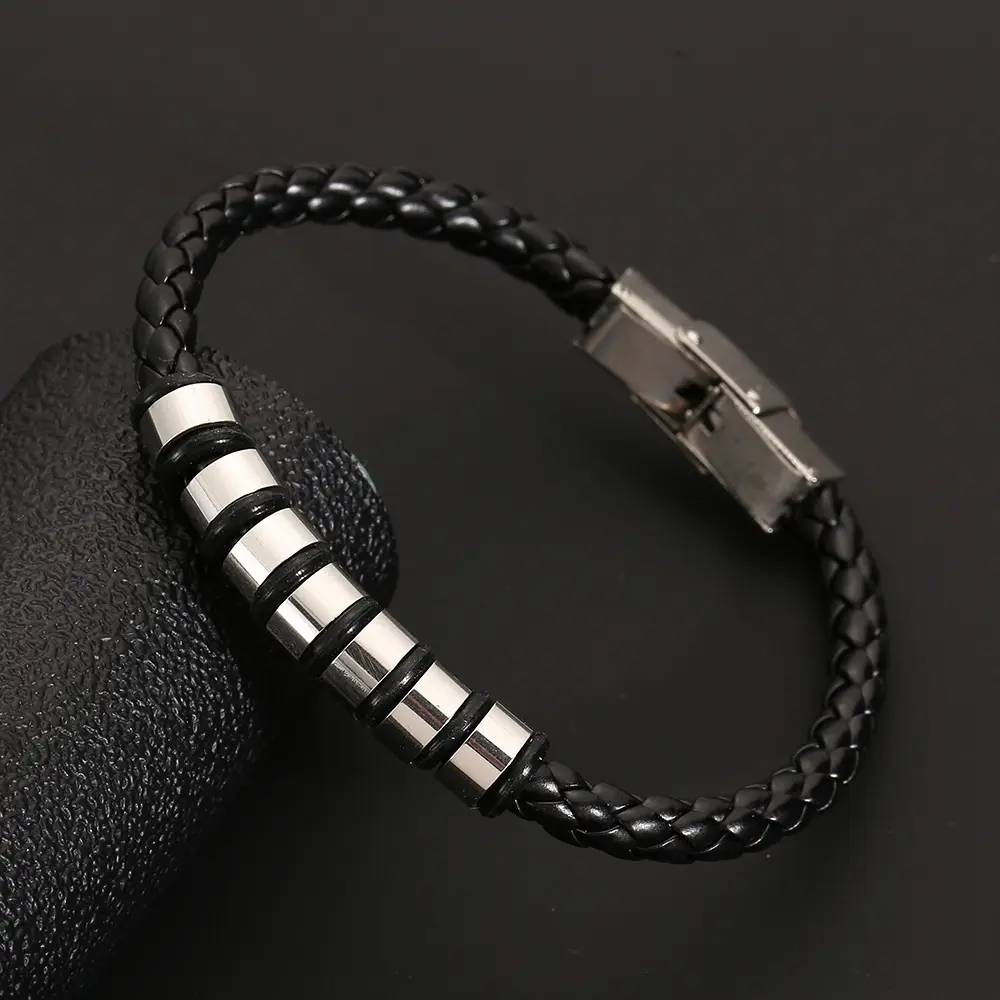 Fashion Design Men Leather Bangle Bracelet Stainless Steel Black Braided Leather Bracelet Mens Accessories