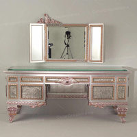 Table de chevet avec miroir inclinable ajustable rose italien et ensemble de coiffeuse avec tabouret pour maquillage et dessus en verre pour chambre à coucher