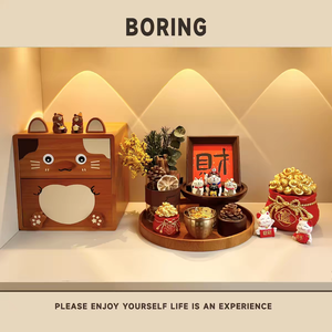 Organisateur de bureau en bois massif avec 2 tiroirs, design chat de dessin animé mignon, pour cosmétiques et papeterie, décoration de bureau/chambre - Product Image 2