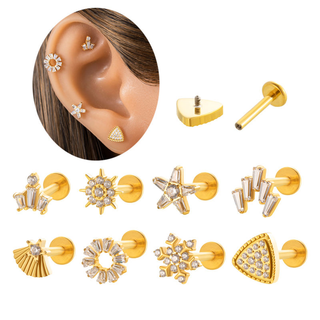 ASTM F136 Gold Plated Titanium Wedding Ear Helix Cartilage Piercing Jewelry 16G Internally Threaded Flat Back Stud Earring Woman