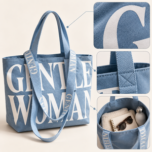 <b>Blue</b> <b>Canvas</b> Tote Bag for Women Letter Print Shoulder Handbag Reusable Shopping Bag for Work Travel and Everyday Use - Product Image 2
