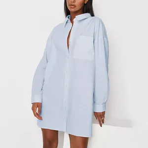 Women's Custom Summer Turn Down Collar Long Sleeve Button Pocket Blue Extreme Oversize Linen Shirt Dress