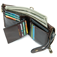 8599 Dompet Pria Anti Maling Kulit Asli Lembut Penjepit Uang Kulit Sapi Lapis Atas Vintage Dompet Rantai Pria Dengan Kantong Koin RFID