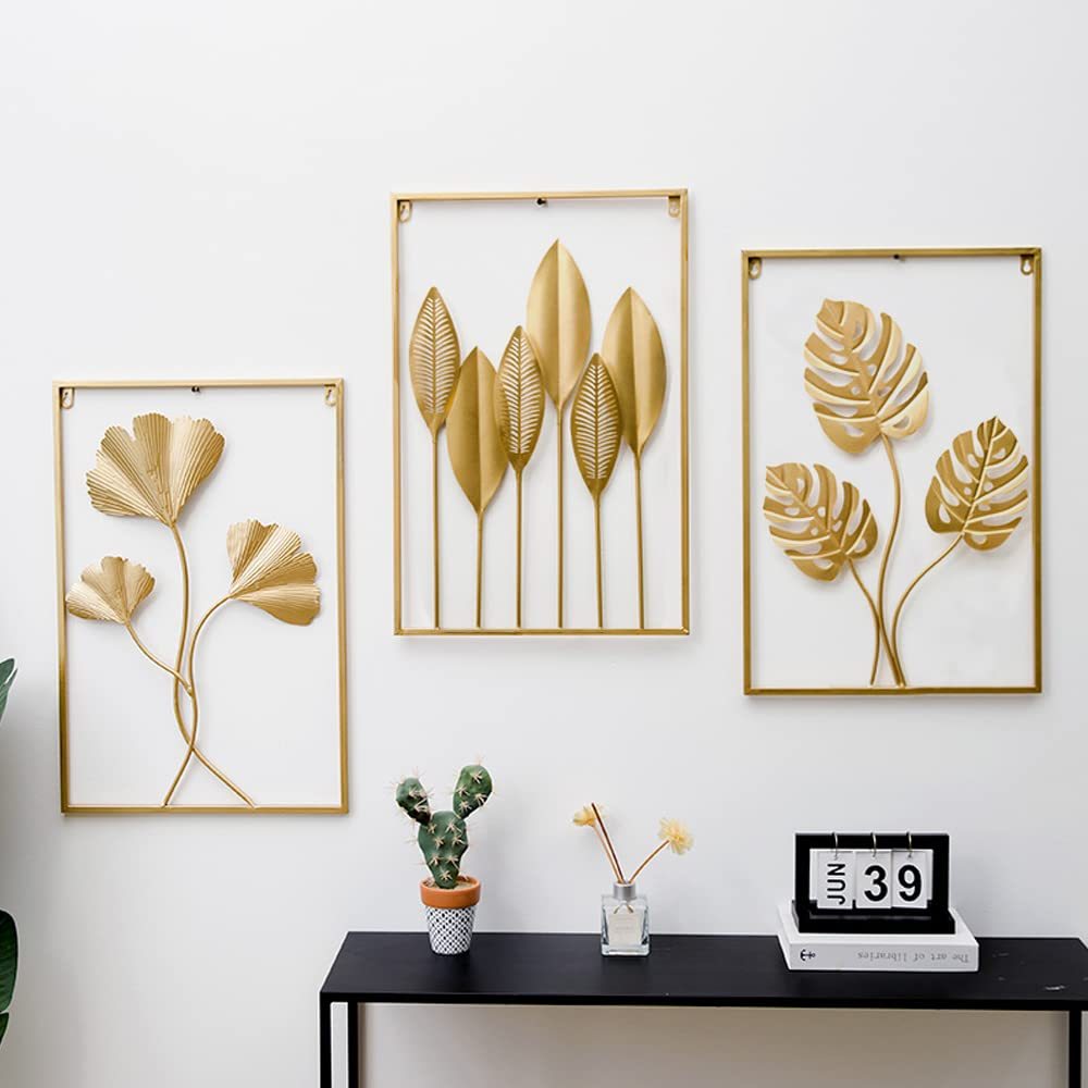 Lot 3 Panneaux Muraux Métal Doré 60x40 Cm – Décoration Murale Feuilles 3D Abstraites, Art Moderne Minimaliste Lot 3 Panneaux Muraux Métal Doré 60x40 Cm – Décoration Murale Feuilles 3D Abstraites, Art Moderne Minimaliste