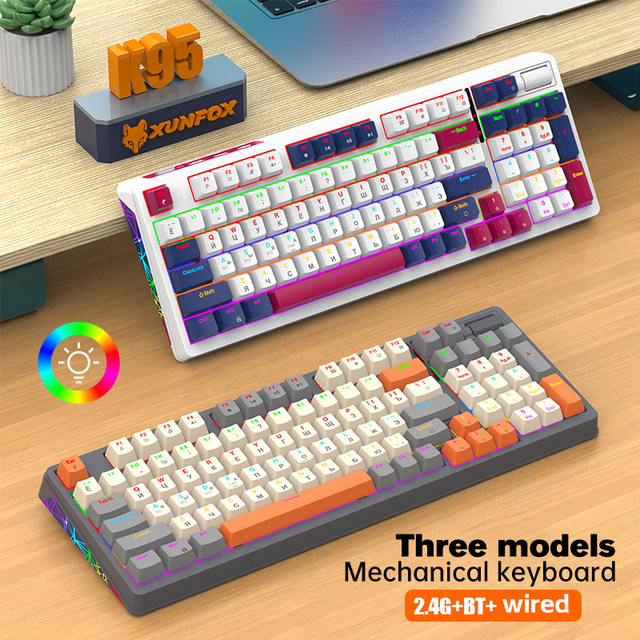 XUNFOX K95 Full Size Mechanical Keyboard 2.4Ghz Wireless Hot-Swap Customizable Gaming Keyboard with 7-RGB Backlit for Desktop