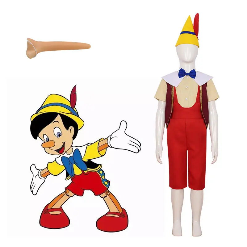 Kostum Cosplay Pinocchio lucu, pakaian pesta ulang tahun, kostum Halloween karakter kartun anak-anak, kostum Cosplay dengan hidung untuk anak laki-laki dan perempuan
