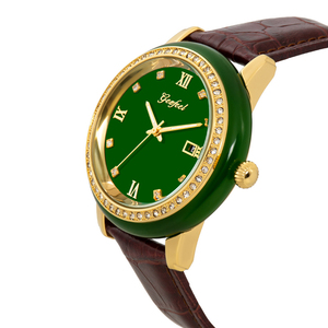 Montre pour femme en jade vert, lunette en cristal, mouvement à quartz Miyota, boîtier en alliage IPG, bracelet en PU, étanche, personnalisable - Product Image 3
