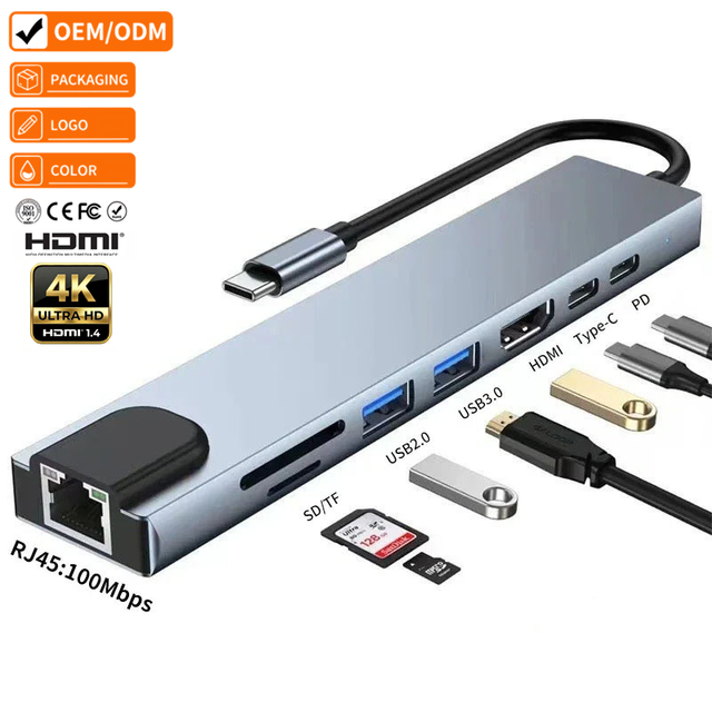 8 in 1 USB C Hub Docking Station HDMI 4K 30Hz Type a 3.0 2.0 Ports 100M RJ45 SD Tf Slots PD 68W Alloy Shell for Notebook