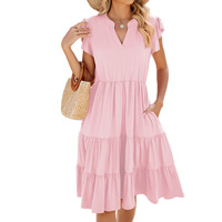 Nouvelle Robe Décontractée Mi-longue Femme Été 2024, Couleur Unie, Col en V, Ample, Élégante, Manches Courtes à Volants, Taille Cintrée, Patchwork, Coupe Trapèze