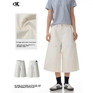 Pantalones Cortos Anchos Unisex 11KN Personalizados con Diseño Desestructurado - Culottes de Sarga de Algodón Lavado con Costuras Deshilachadas |   Shorts de Trabajo Vintage con Dobladillo Deshilachado - Product Image 1