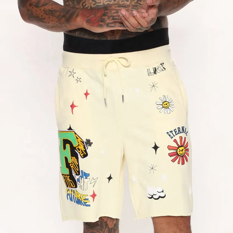 Wholesale 3D Puff Print Chenille Logo French Terry Raw Hem Drawstring Waistband Y2K Streetwear Sweat Shorts For Men