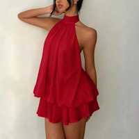 WY507001 Nouvelle Robe Courte Femme Tendance 2026 pour Vacances, Coupe Ajustée, Sexy, Dos Nu, Col Halter, Taille Nouée, Jupe Courte Bouffante