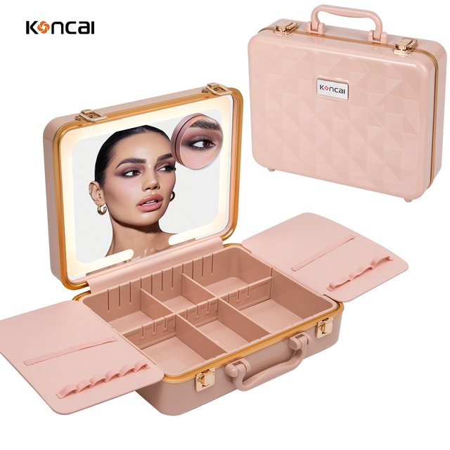 KONCAI Touch Screen Cosmetic Vanity Case Storage With Led Light Mirror Makeup Organizer Box Pouch Case