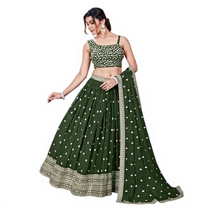 <b>Green</b> Lehenga Choli Set With Embroidered Border Traditional Indian Wedding Wear For Women Floor-Length Polyester Dress - Product Image 1