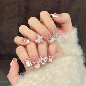 Faux ongles à presser blancs crémeux effet œil de chat, French manucure avec nœud et faits main, formes amande, carrée, ovale, stiletto, 10 pièces, vente en gros - Product Image 3