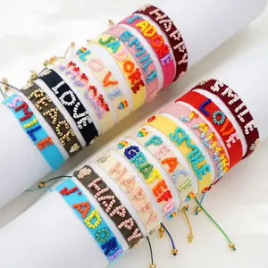 Artificial jewellery inspiration letter words love happy peace smile colored miyuki beads cotton string cord adjustable bracelet