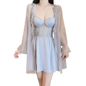 Set pakaian panjang selutut musim panas cantik M5804 Bra empuk V Dalam & gaun malam Satin halus dengan jubah jaring seksi & manis - Product Image 5