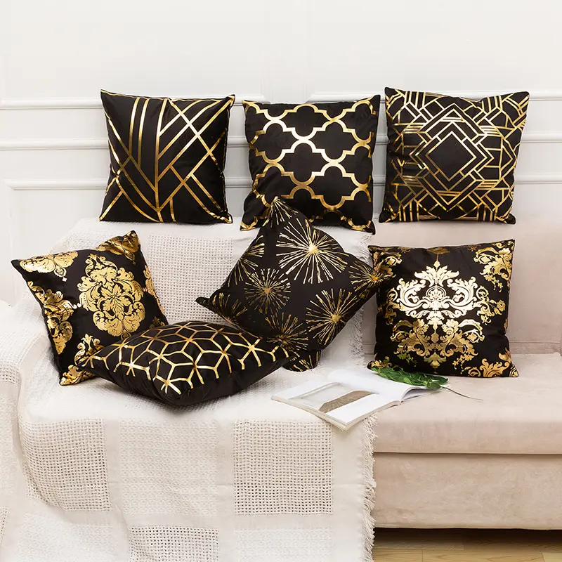 Fleece Cushion Covers 45 x 45 CM, Gold Blocking Black Pillow Cases for Couch Bed Sofa