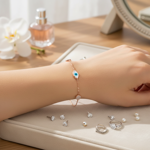 925 Sterling Silver <b>Bracelet</b> Eye <b>Beaded</b> and Round Shape <b>Charm</b> CZ Stone Wholesale Fine Jewelry Rose Gold Plated - Product Image 3