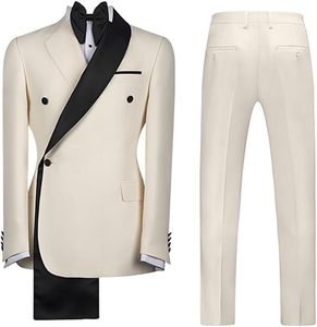 Smoking Croisé Coupe Ajustée Ivoire et <span class=keywords><strong>Noir</strong></span> Patchwork pour Hommes, Costumes de Mariage de Haute Qualité pour Hommes, Ensemble 2 Pièces - Product Image 2