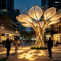 Goldene Gedrehte Ader-Laub-Baum-LED-Skulptur-Leuchte (Spiegelpolierter Edelstahl + Mattiertes PC-Aderpanel + LED-Streifen IP65)