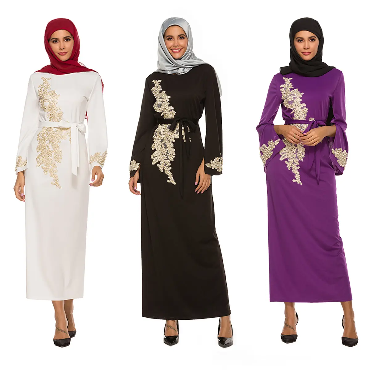 Moda zarif işlemeli uzun elbise Trim vücut dantel kalça artı boyutu 3xl müslüman uzun elbise
