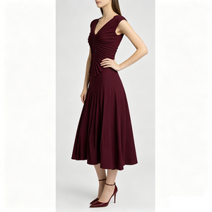 <span class=keywords><strong>Abito</strong></span> Midi da Donna <span class=keywords><strong>Bordeaux</strong></span> con Scollo a V e Maniche a Cappuccio, Gonna Svasata a Pieghe Radiali con Vita Aderente, Elegante <span class=keywords><strong>Abito</strong></span> <span class=keywords><strong>in</strong></span> <span class=keywords><strong>Maglia</strong></span> per Cocktail e Matrimoni - Product Image 3