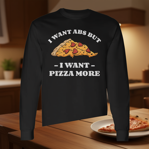 Camiseta de manga larga con cuello redondo unisex para adultos, con la frase: Quiero abdominales pero quiero pizza más, camiseta promocional. - Product Image 3