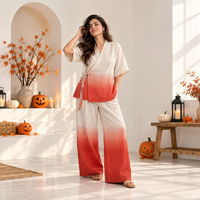 Ensemble deux pièces pour femmes, pantalon à jambes larges et haut enveloppant, tenue décontractée, couleur unie, coupe ample, printemps-été