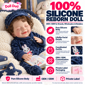 Poupée Duo personnalisée de 18 pouces, poupée Reborn en silicone à corps entier, souriante, endormie, cheveux bouclés, tenue de lapin bleu marine, cadeau de Noël - Product Image 1