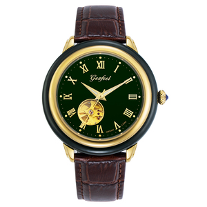 Reloj de Pareja de Jade de Lujo en Oferta, Esfera Verde, Bisel Dorado, Correa de Cuero, Mecánico Automático - Product Image 2