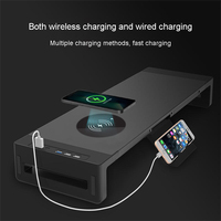 Rehausseur d'écran multifonctionnel noir avec tiroir, support de bureau surélevé avec support de téléphone, support d'écran avec chargeur sans fil