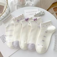 Chaussettes courtes en coton pour femmes, motif cœur violet et nœud, respirantes, décontractées, style japonais, vente en gros sur mesure